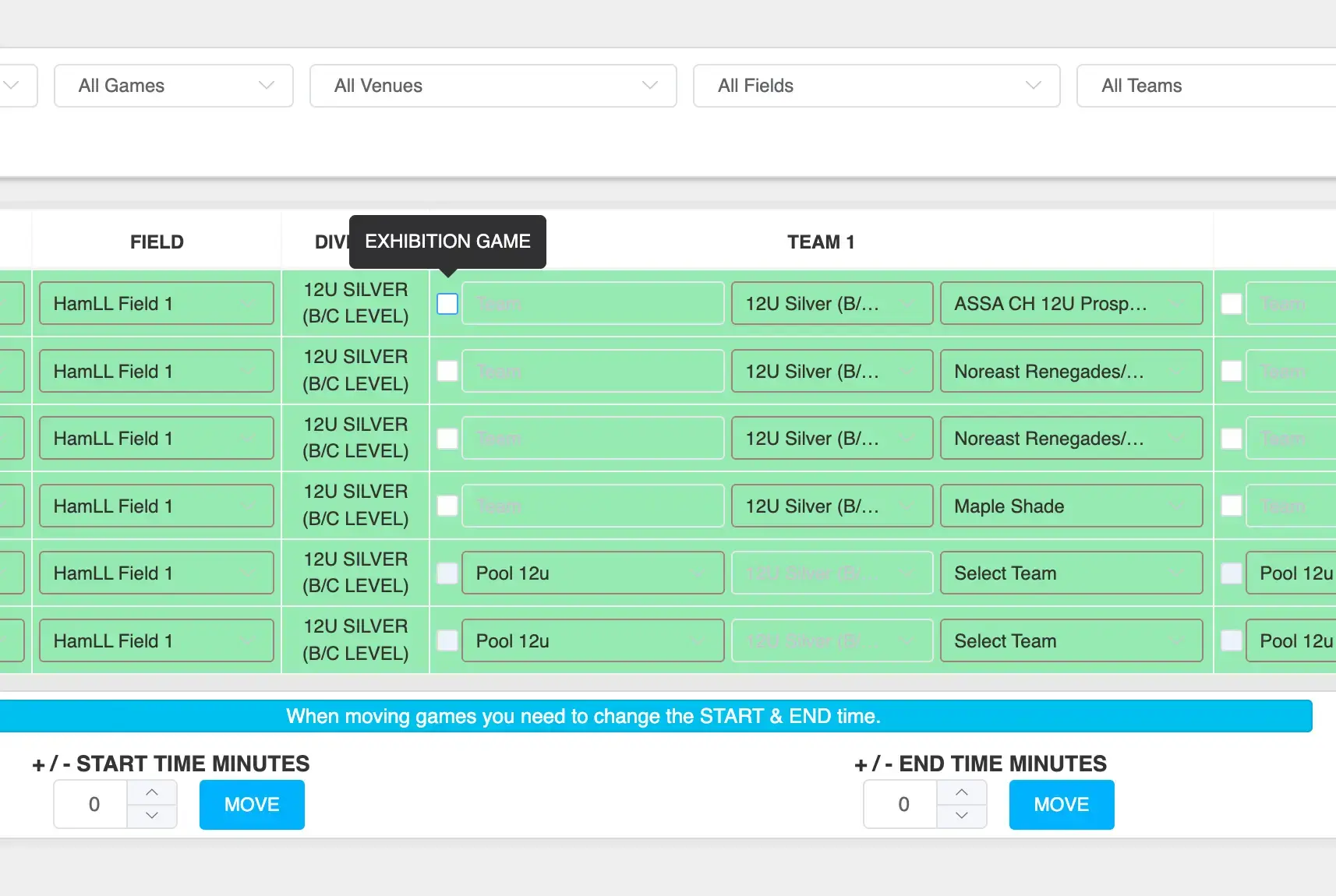 Playbook365 event management screen showing game scheduling with options to mark games as exhibition and adjust start and end times.