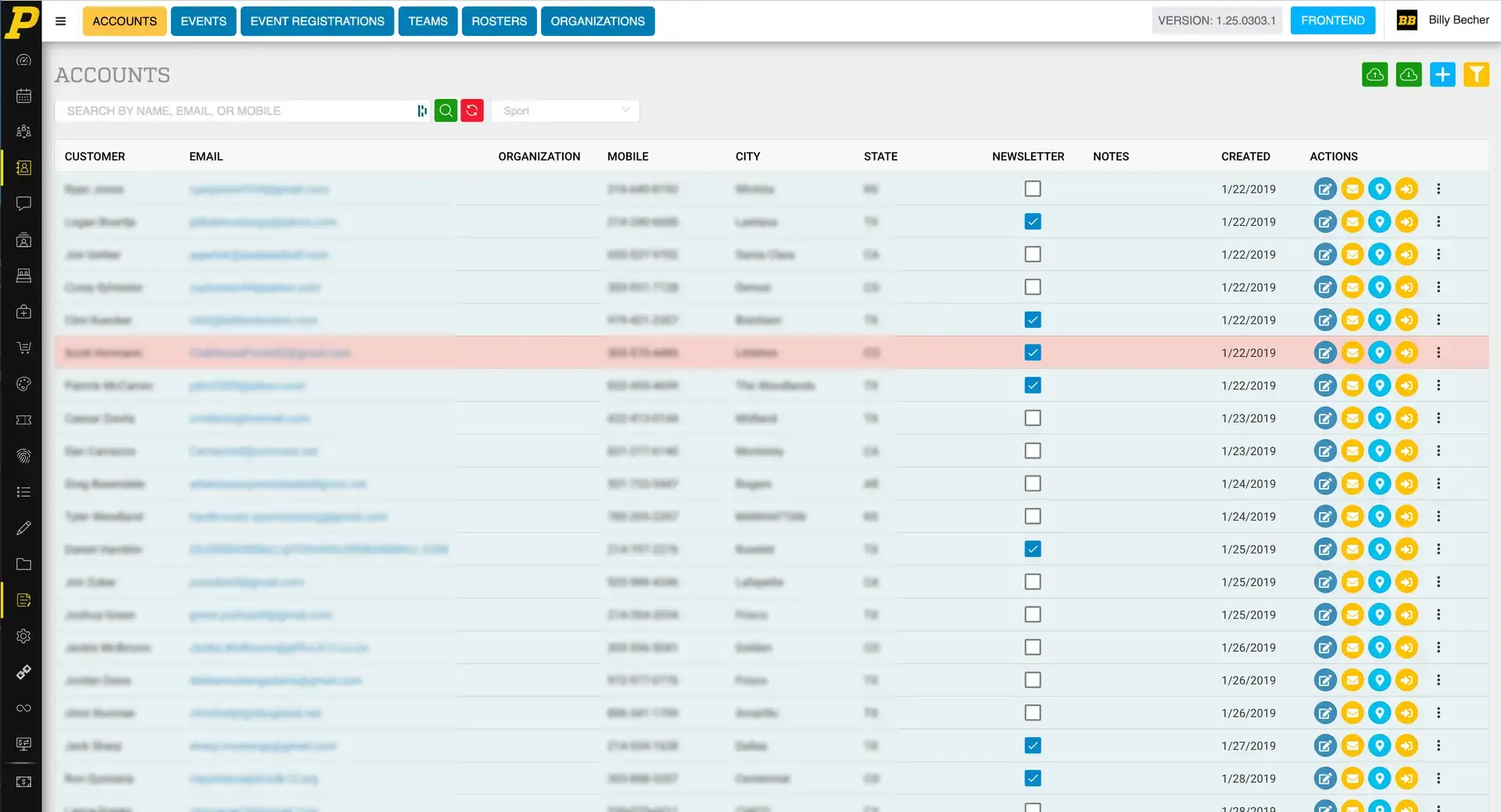 Playbook365 Accounts section showing a list of customer accounts with one account highlighted in red.