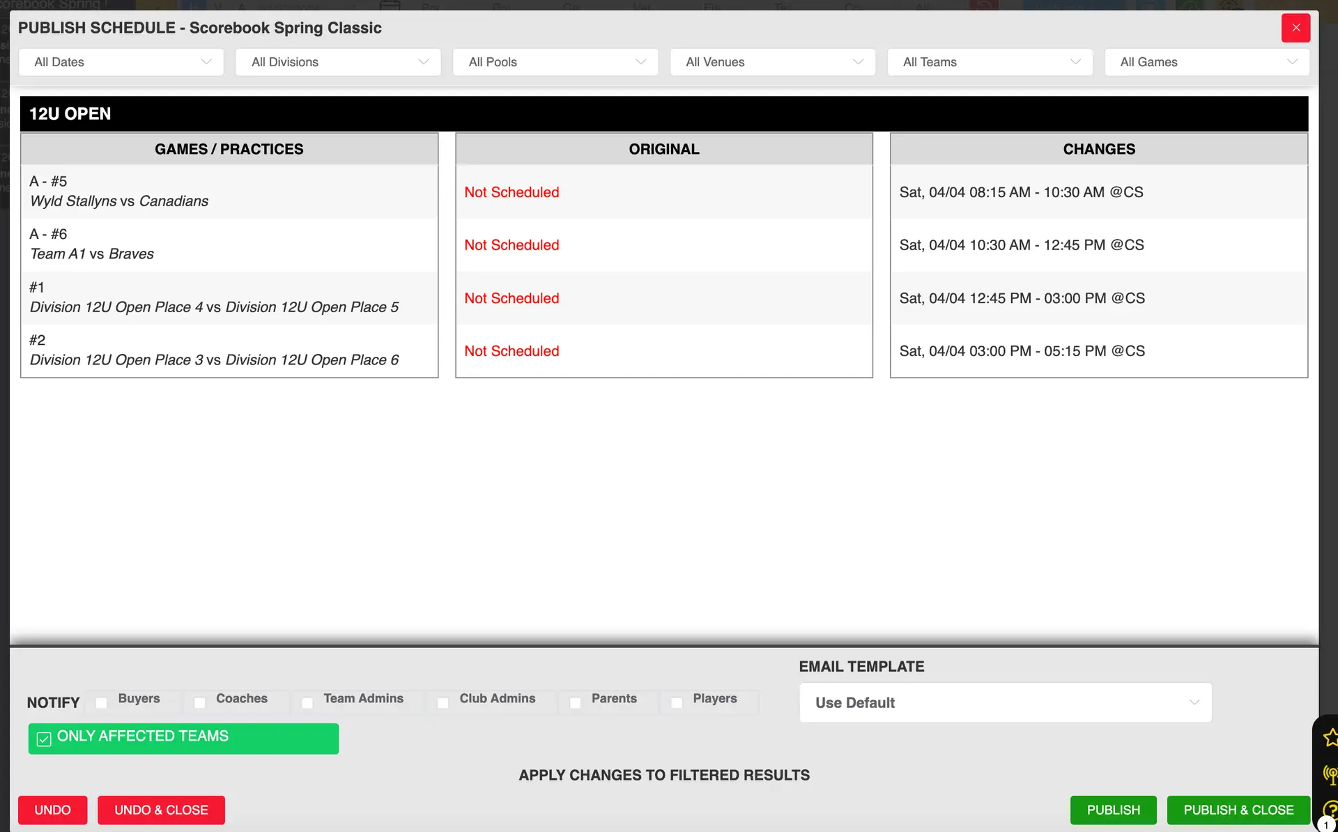 Publish Schedule interface for Scorebook Spring Classic in Playbook365 showing scheduling changes for 12U Open games.