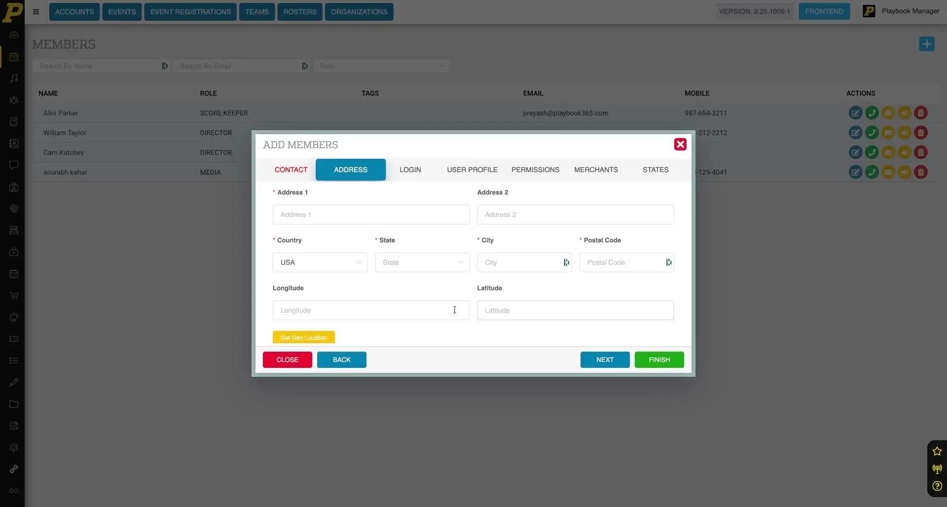 The screenshot shows the 'Add Members' modal within the Playbook365 platform, specifically the 'Address' tab, where users can input contact details including address, country, state, city, and postal code.