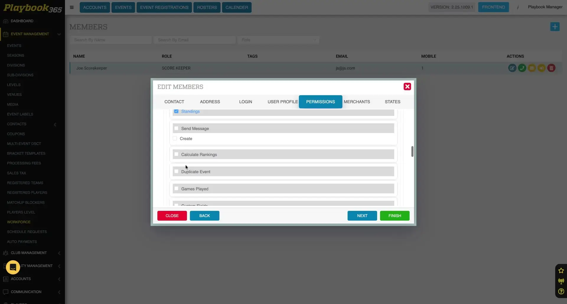The user is viewing the permissions settings for a member within the Playbook365 platform, specifically focusing on the options related to event management, such as calculating rankings and duplicating events.