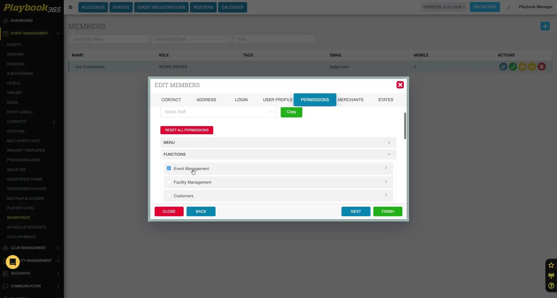 The user is editing a member's permissions within the Playbook365 platform. The screenshot shows the 'Edit Members' dialog, specifically the 'Permissions' tab, where the user can manage access to various features like 'Event Management' and 'Facility Management'.