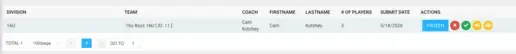 Playbook365 Event Management screen showing a frozen roster for Yolo Boys 15U team.