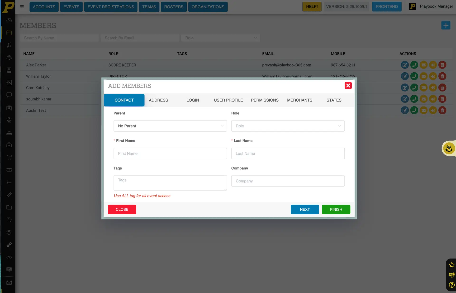 Playbook365 Members Add Members interface with Contact tab active