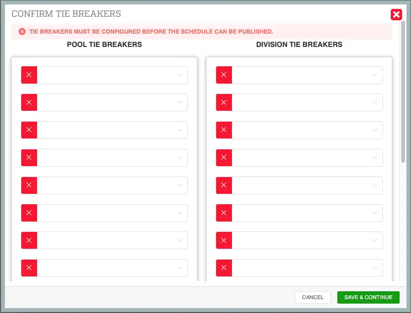 Playbook365 Confirm Tie Breakers popup screen for event management.