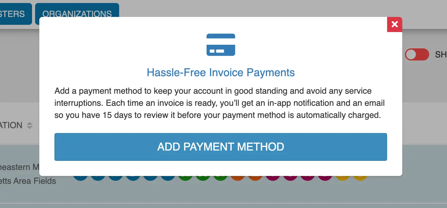 Playbook365 invoice payment method pop-up with add payment method button.