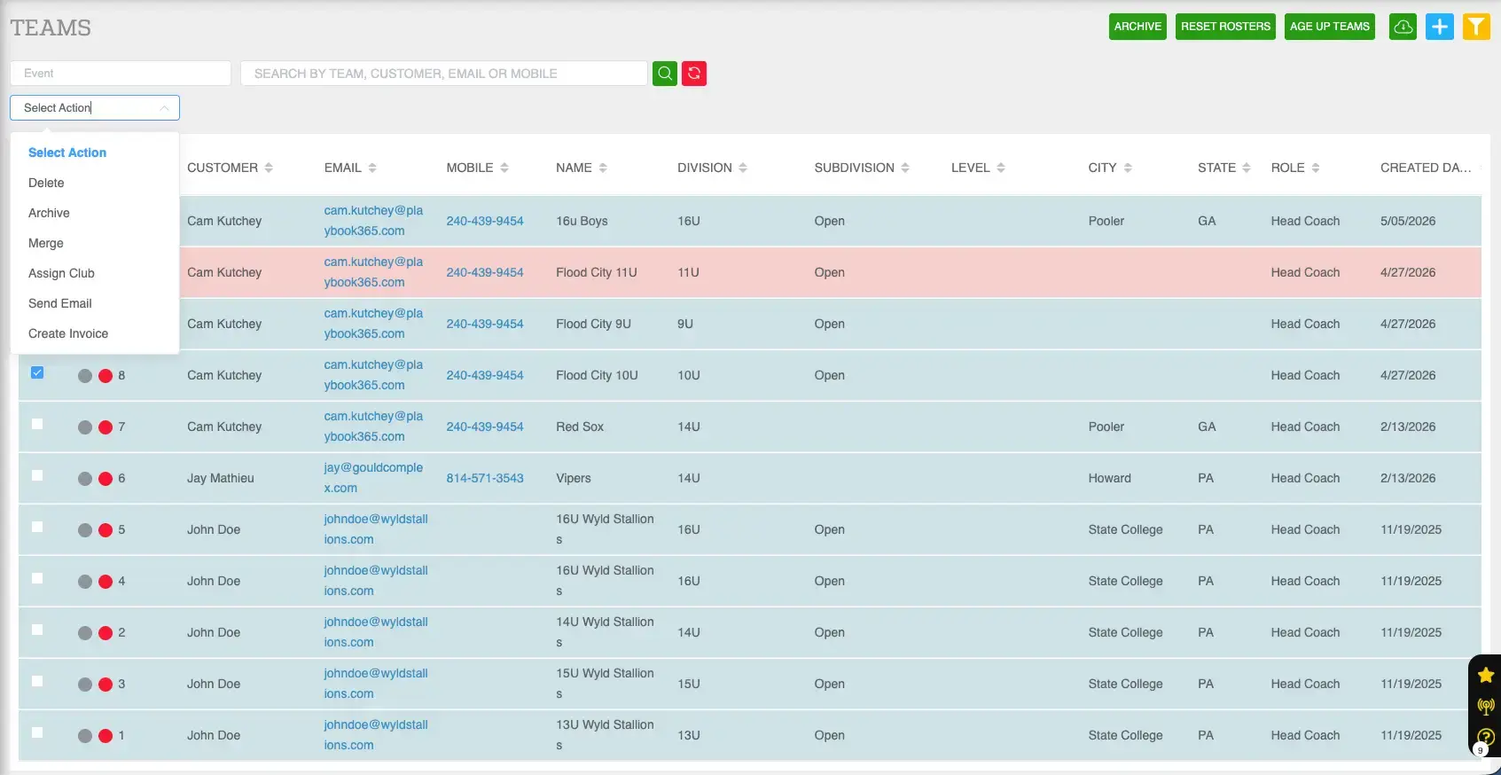 Playbook365 Teams Management Interface showing team list and action options.