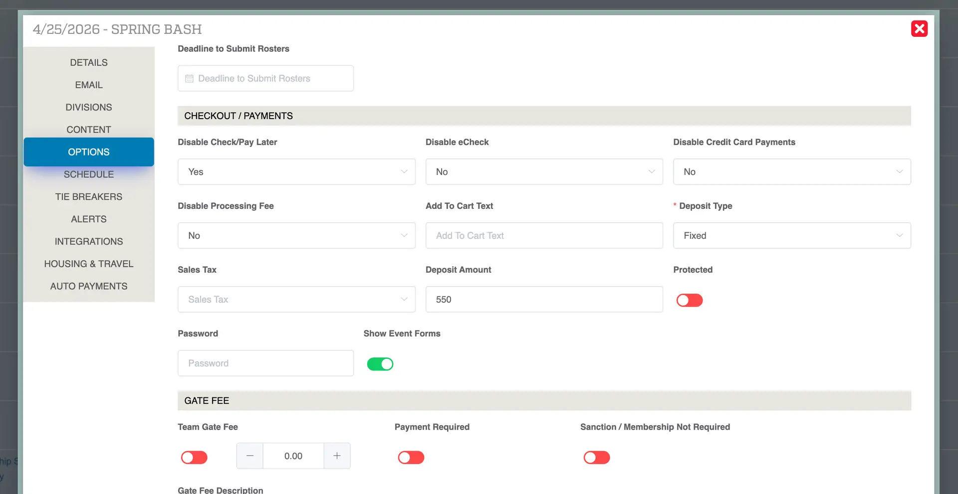 Playbook365 OPTIONS tab for event payment settings, showing options to disable payment methods and set deposit details.