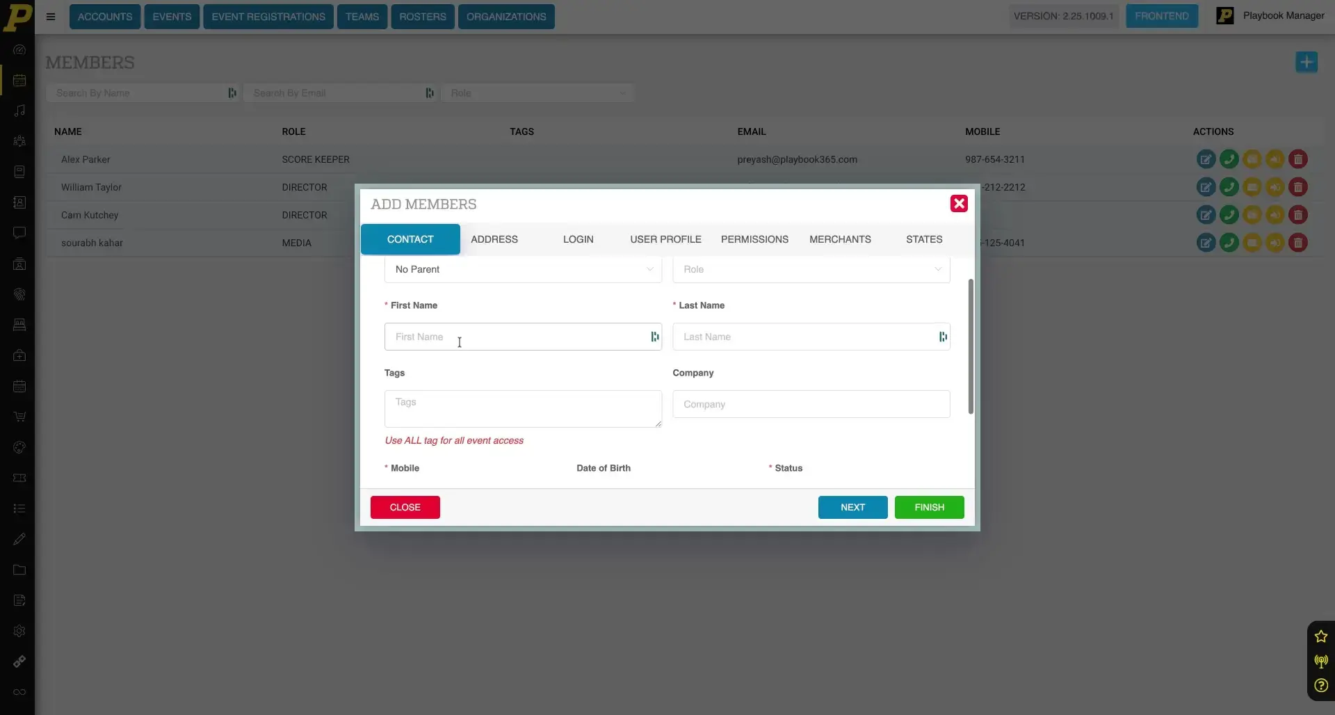 The user is in the process of adding a new member to the system, with the 'Contact' tab of the 'Add Members' form open, and fields for first name, last name, tags, company, mobile, date of birth, and status are visible.