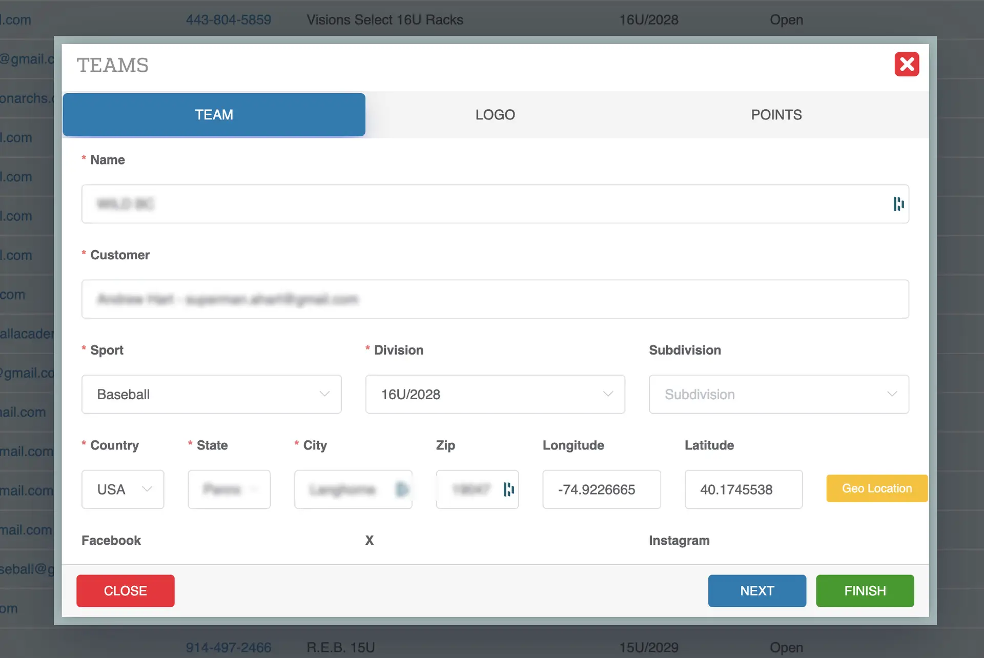 Playbook365 Teams management interface showing team details and location fields.