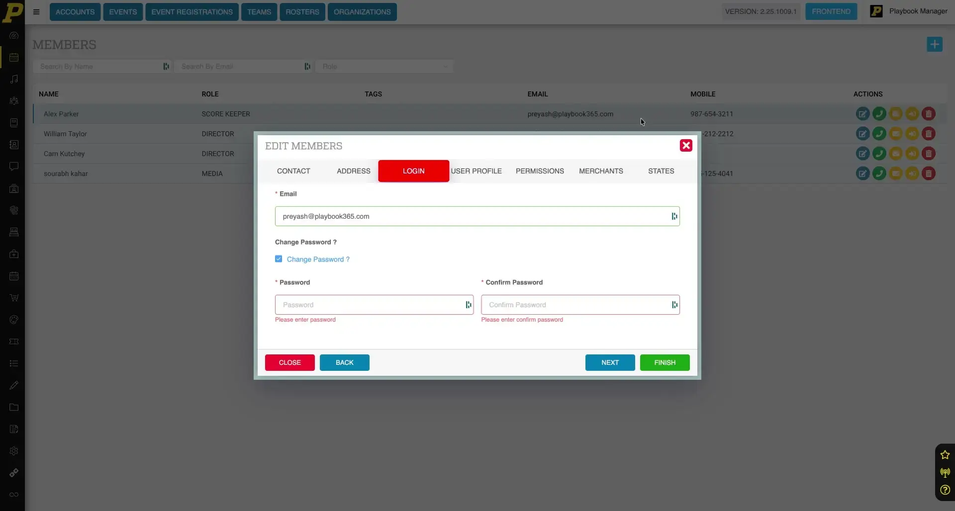 The user is editing a member's profile, specifically focusing on the login details, including the ability to change the password.