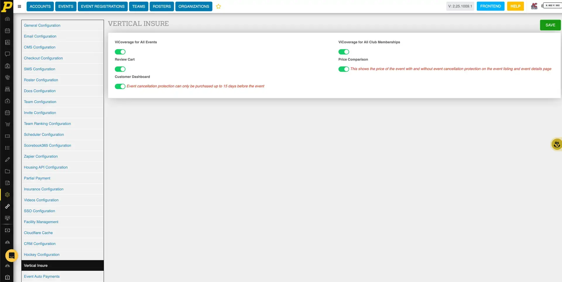 Playbook365 Vertical Insure configuration page with ViCoverage settings.