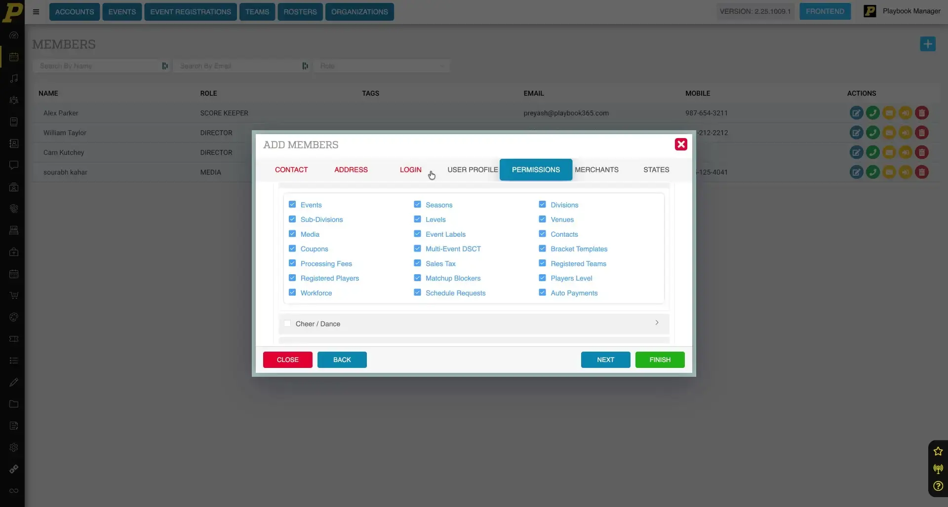 The screenshot shows the 'Permissions' tab within the 'Add Members' modal, where specific access rights for different features within the Playbook365 platform can be configured.