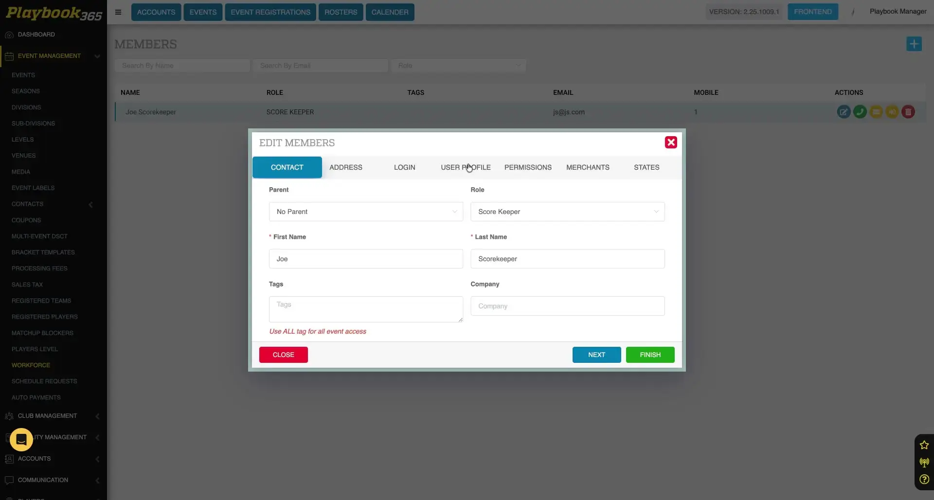 The screenshot shows the 'Edit Members' modal within the Playbook365 platform, specifically focusing on the 'User Profile' tab for a user named Joe Scorekeeper.