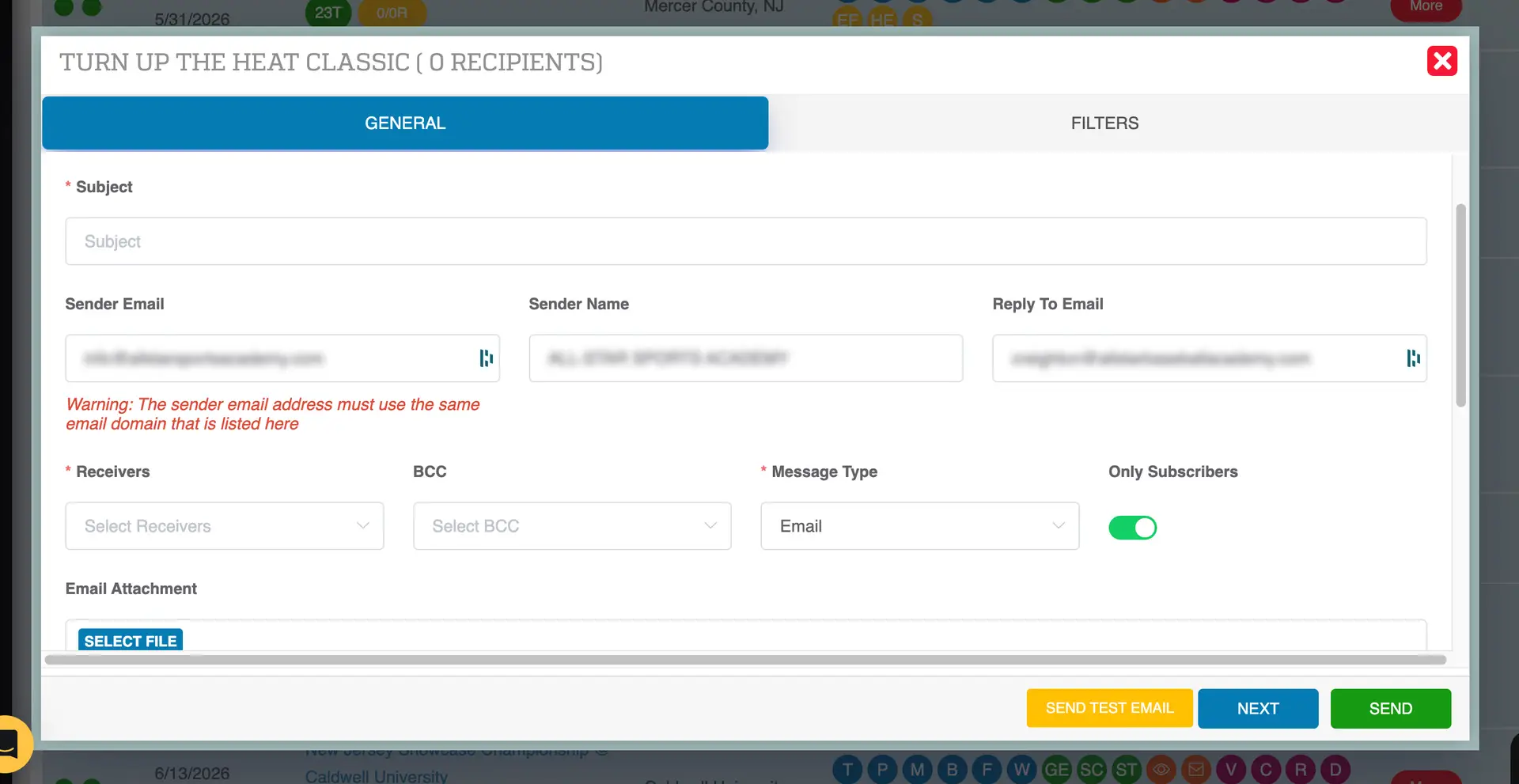Playbook365 email interface for contacting teams in an event, showing fields for subject, sender details, and recipient options.