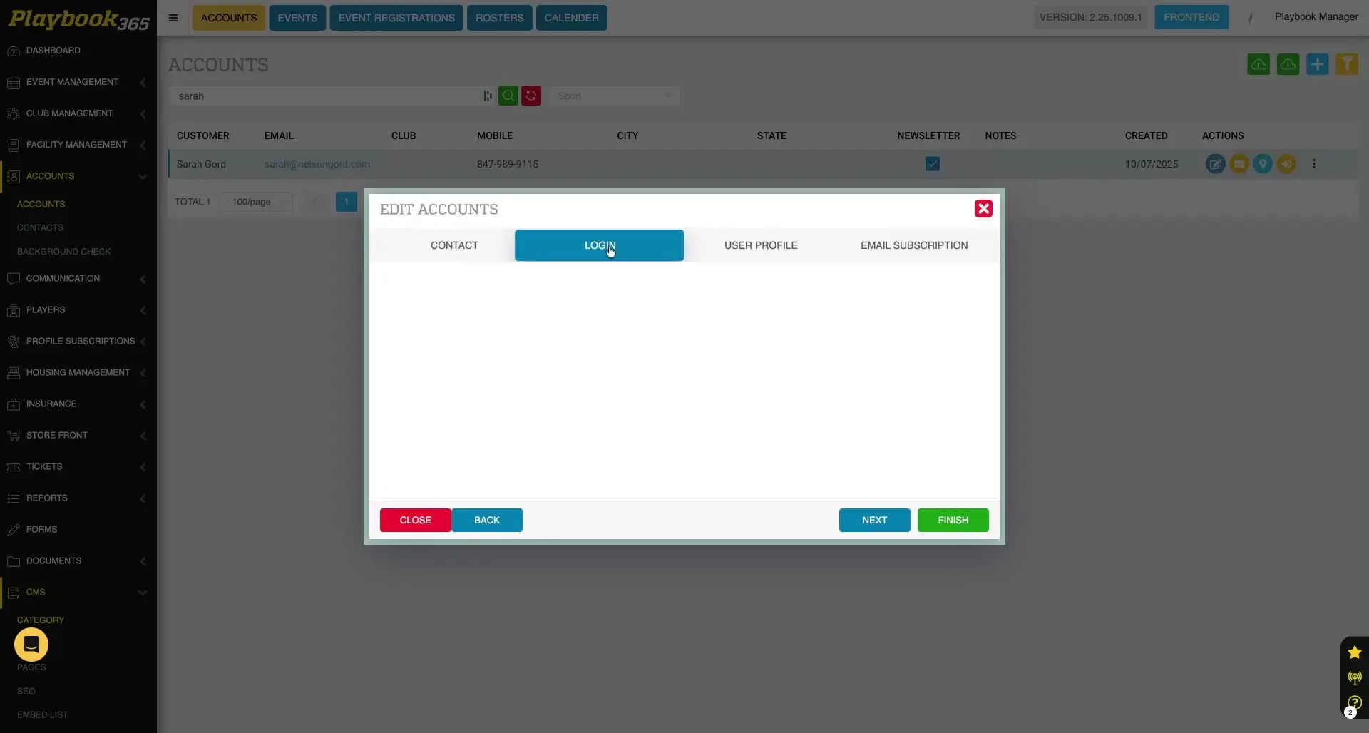 The user is editing an account within the Playbook365 platform. The 'Edit Accounts' modal is open, and the user is on the 'Login' tab.