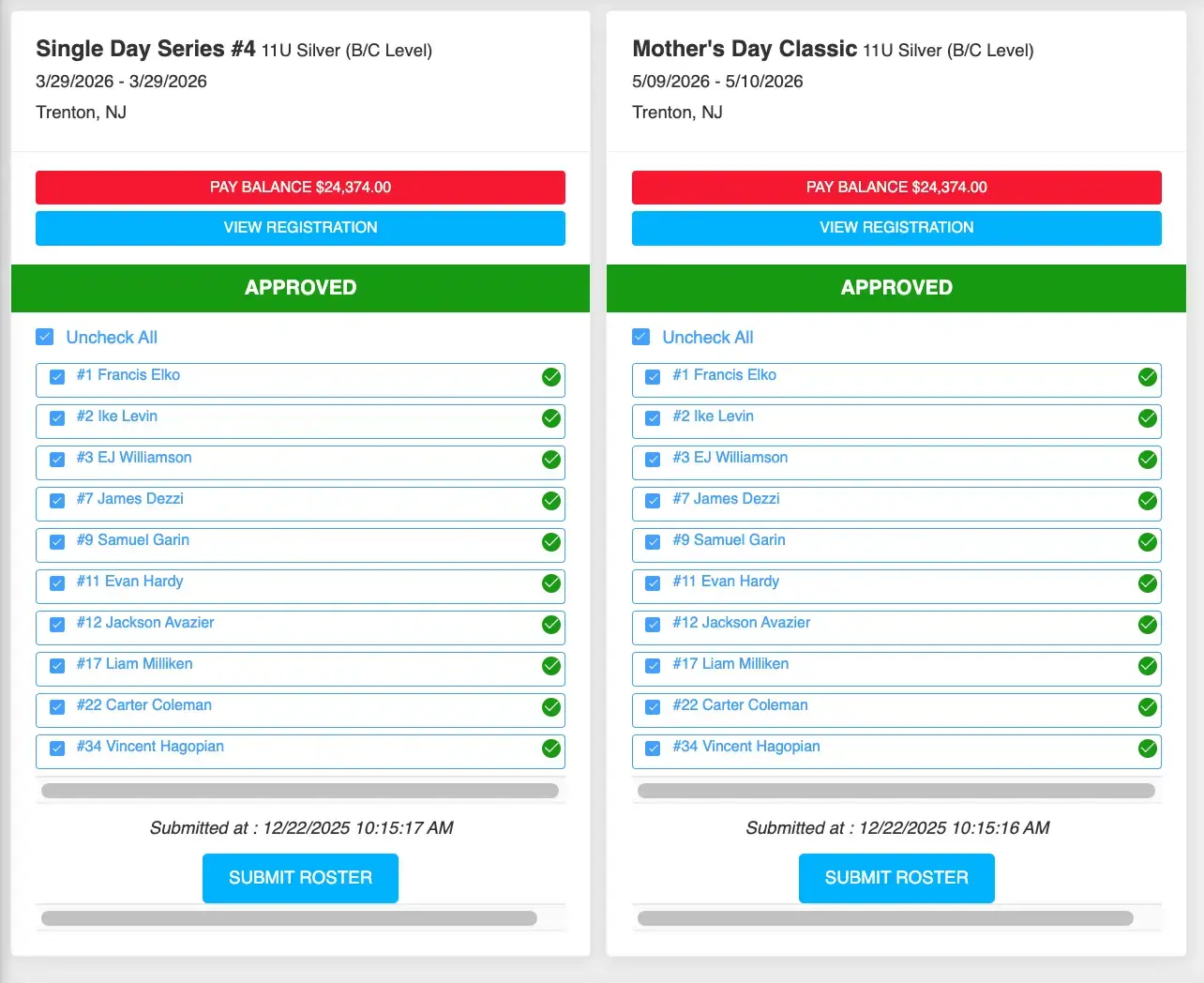 Playbook365 event management screen showing team rosters for 'Single Day Series #4' and 'Mother's Day Classic' events with options to pay balance, view registration, and submit roster.
