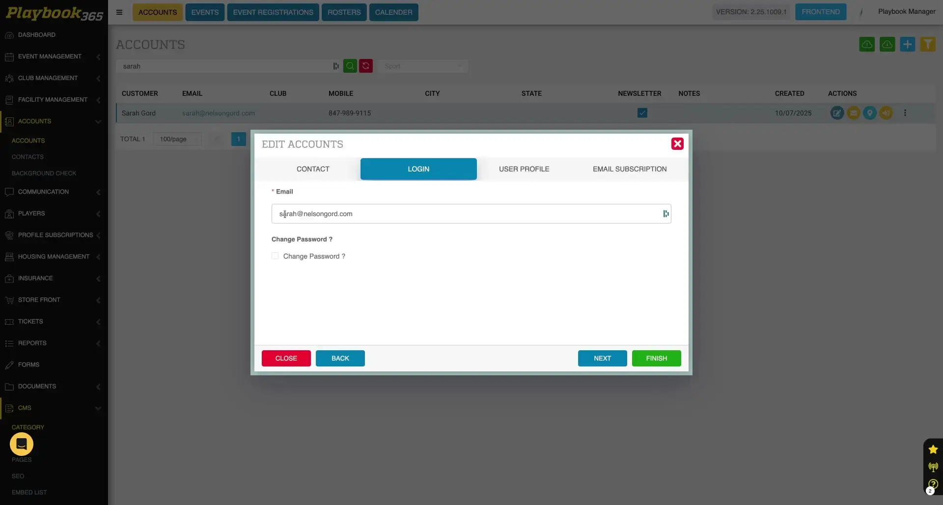 The user is editing an account within the Playbook365 platform. The 'Edit Accounts' modal is open, displaying the contact information for the selected account, including the email address and options to change the password.