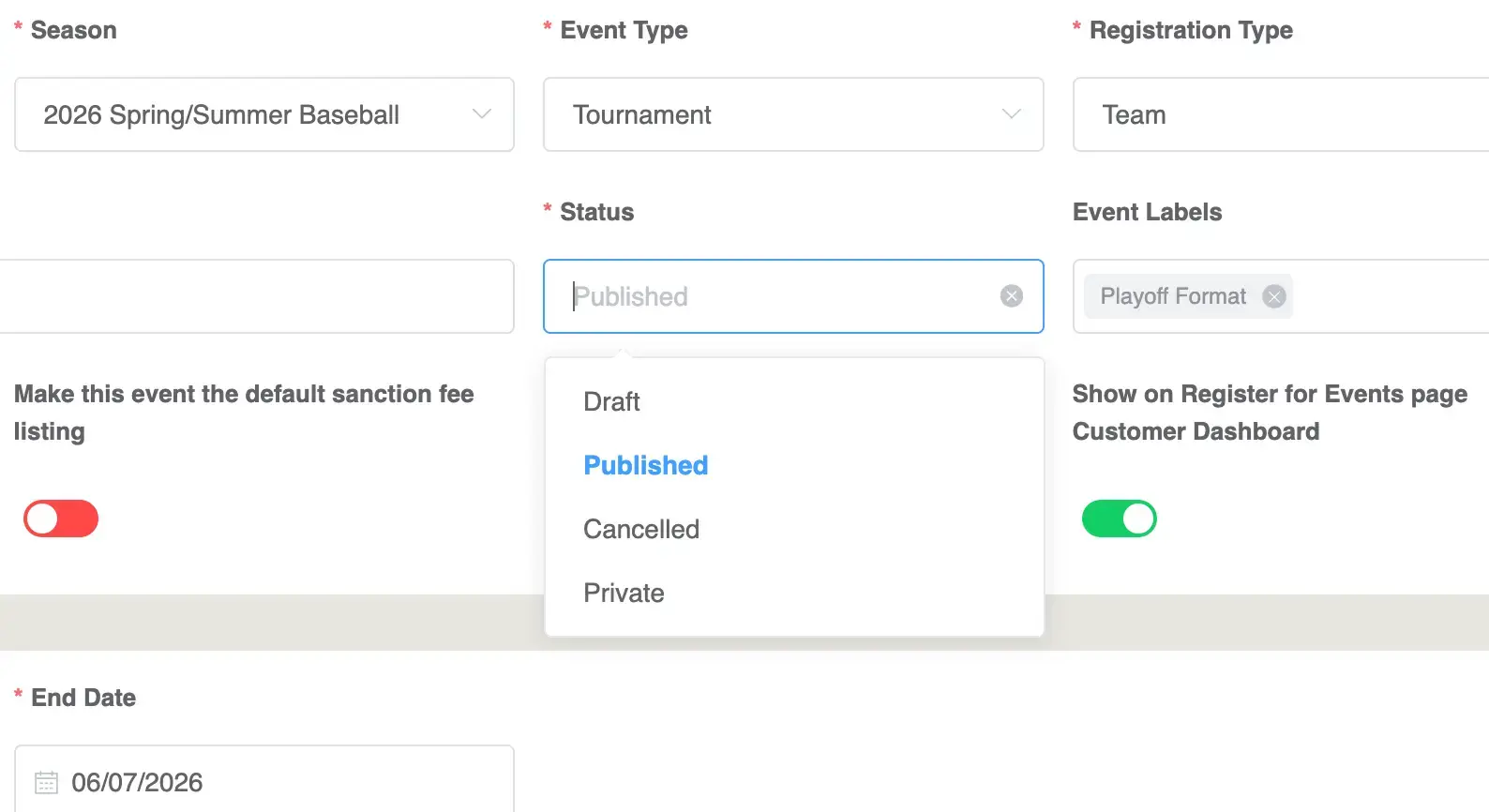 Playbook365 Event Management screen showing event settings for season, type, registration, and status.
