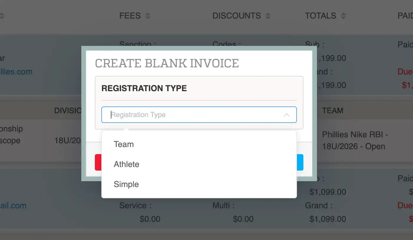 Playbook365 Create Blank Invoice screen with Registration Type dropdown options.