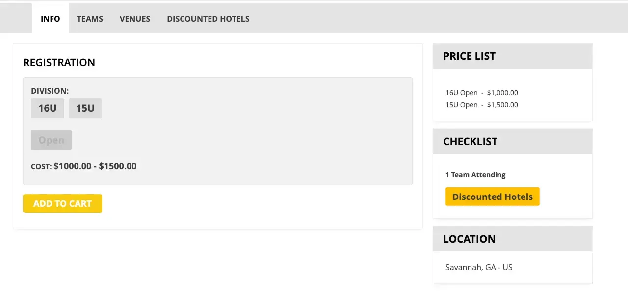 Playbook365 event registration screen showing division selection, price list, checklist, and location details.