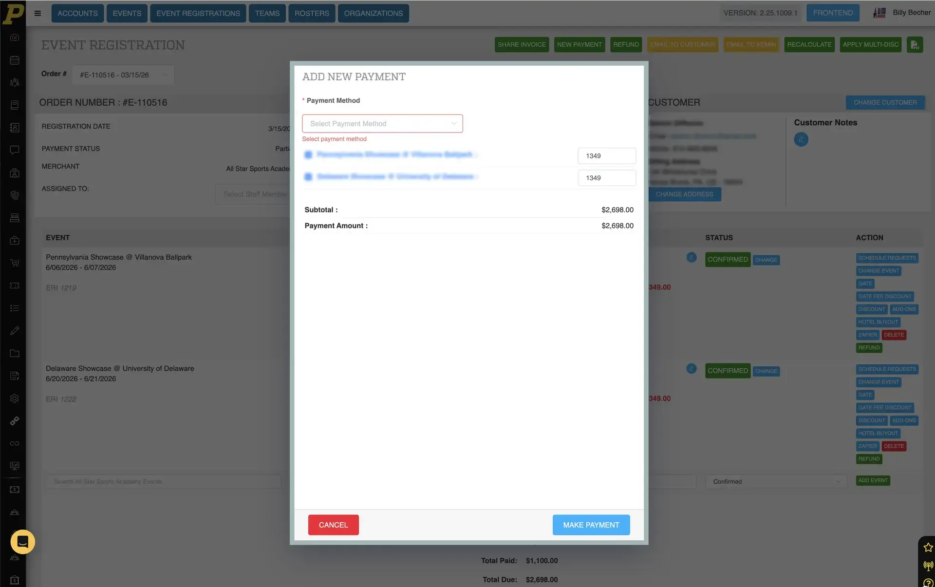 Playbook365 Event Registration Add New Payment window