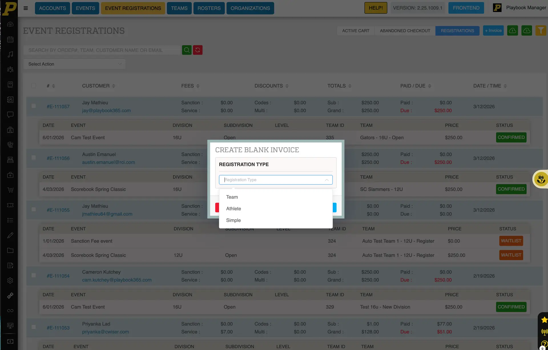 Playbook365 Event Registrations page with Create Blank Invoice pop-up