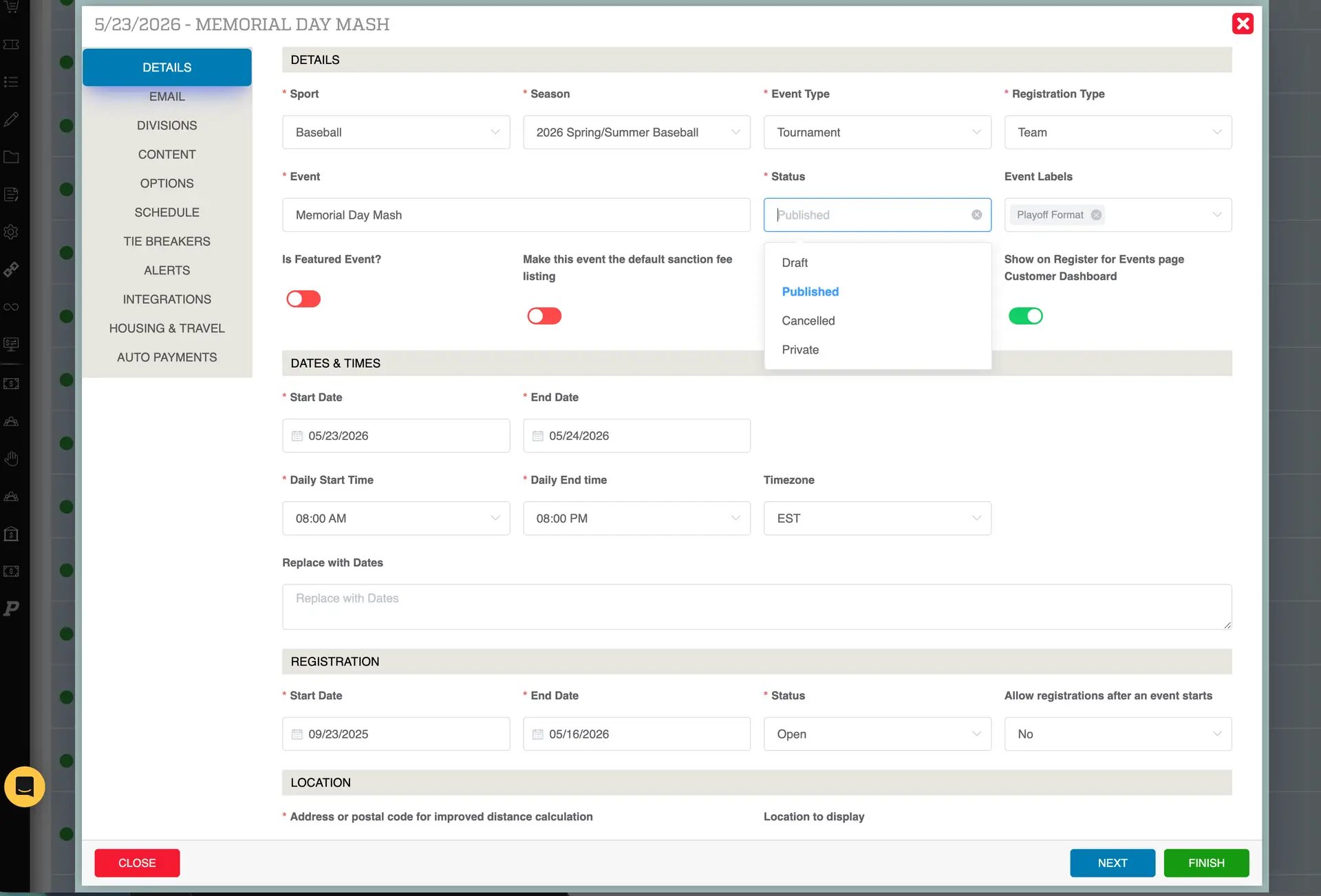 Playbook365 event management screen for publishing an event from Draft mode.