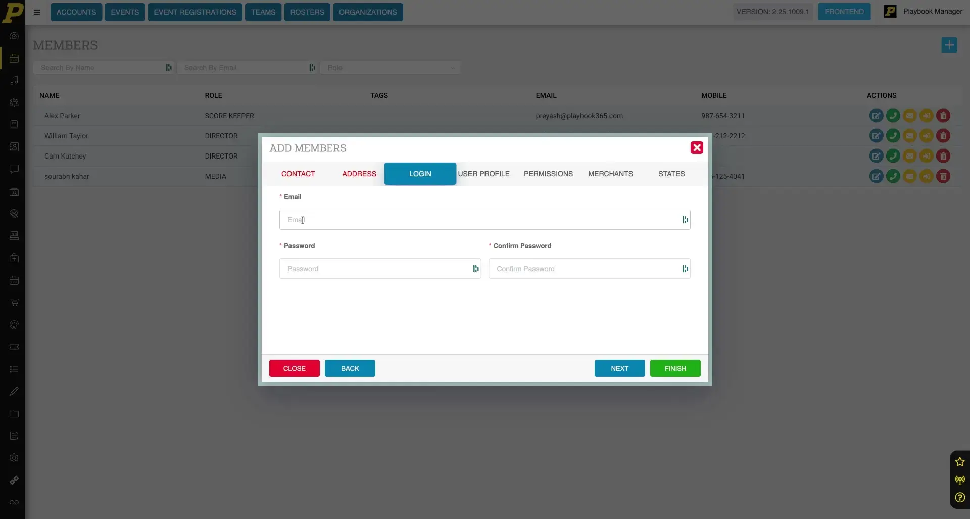 The user is in the process of adding a new member to the system, specifically on the 'Login' tab, where they are prompted to enter the member's email and create a password.