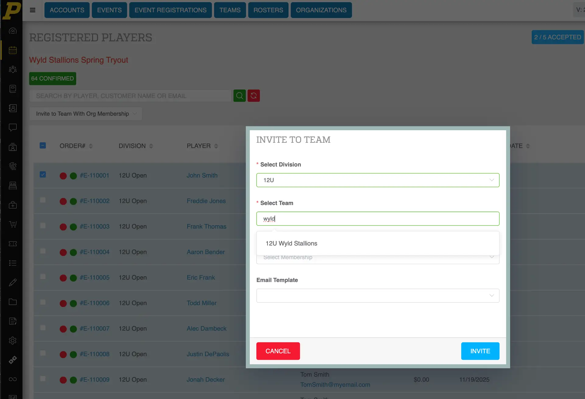 Playbook365 Invite to Team screen in Club Management section