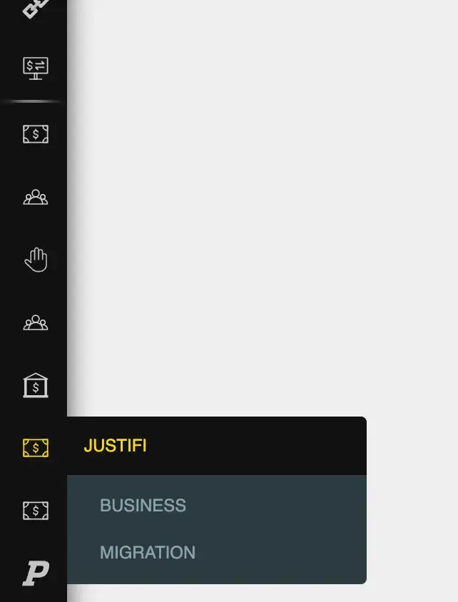 Playbook365 navigation menu with JustiFi section highlighted, showing Business and Migration options.