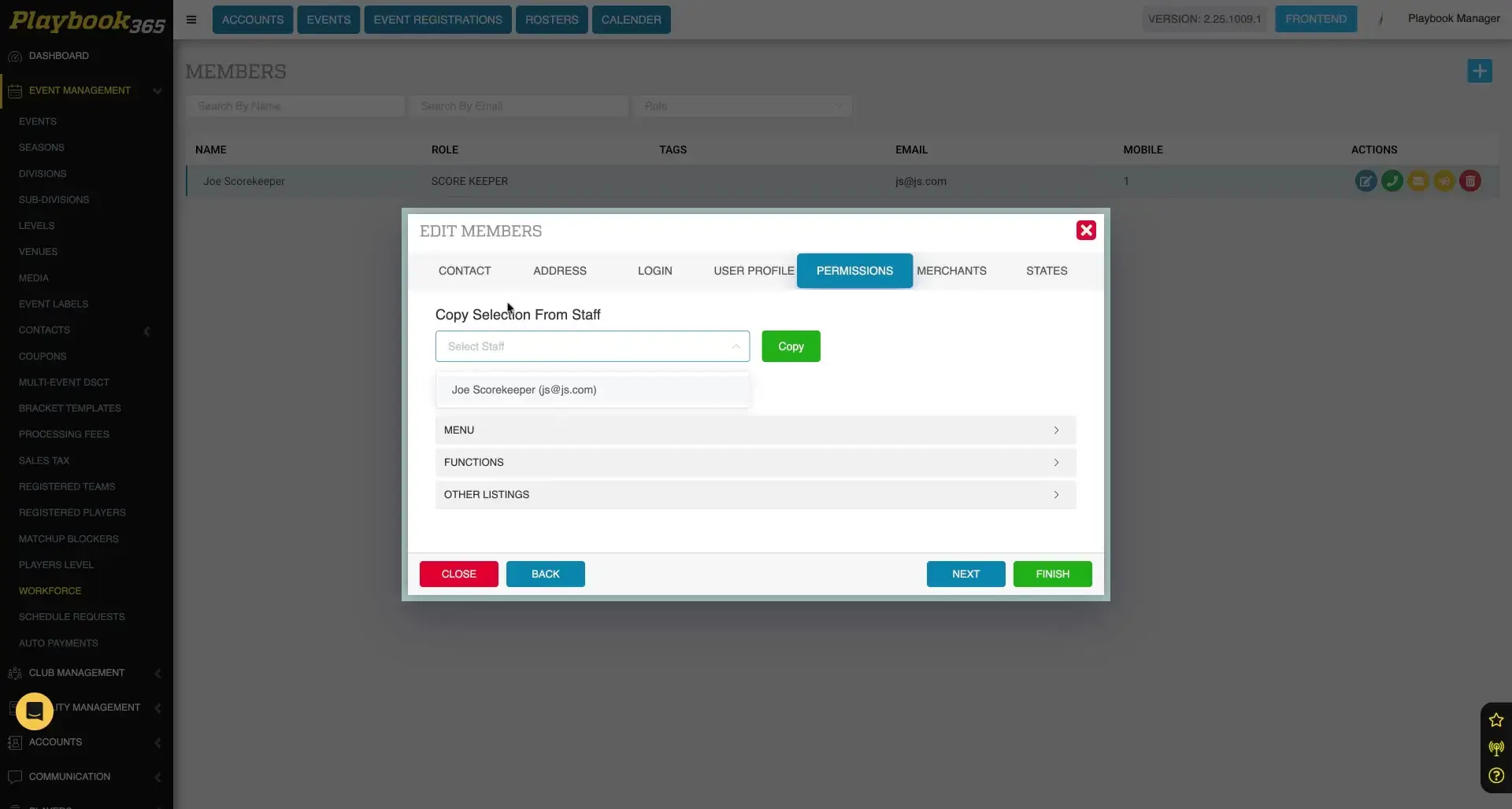 The user is in the 'Edit Members' section of the Playbook365 platform, specifically within the 'Permissions' tab, and is using the 'Copy Selection From Staff' feature to manage user permissions.