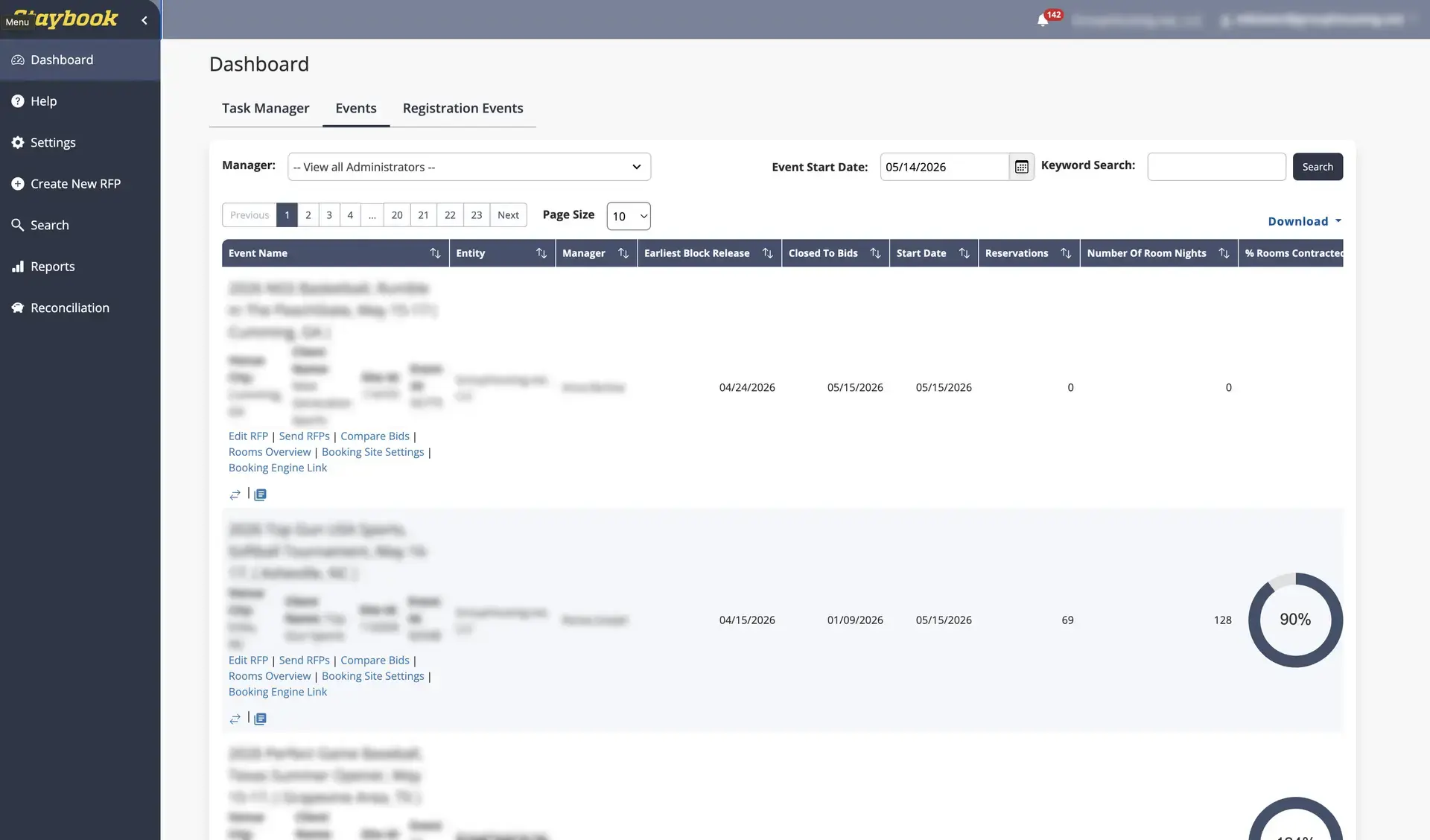 Playbook365 dashboard showing event management with options for filtering by manager, event start date, and keyword search.