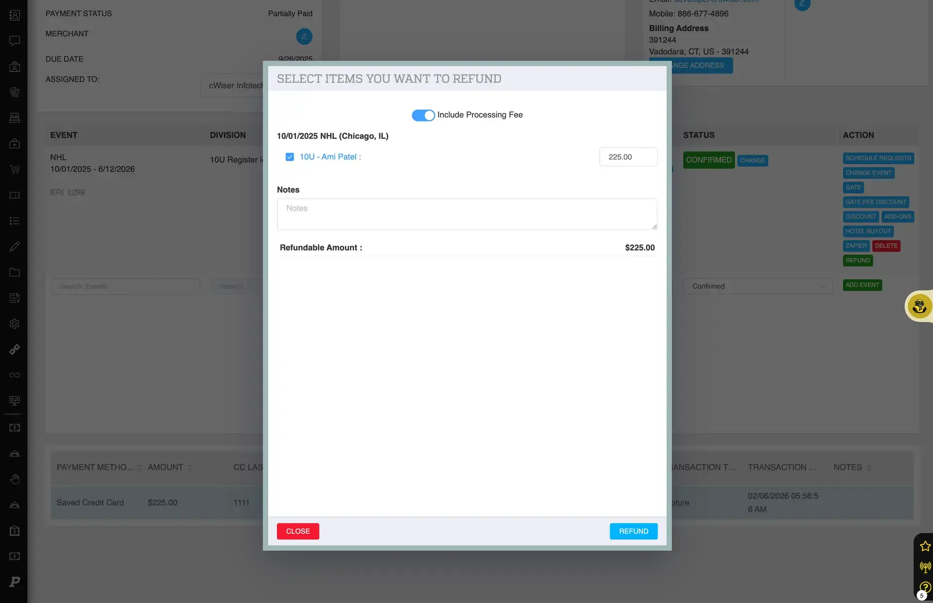 Playbook365 refund interface for selecting items to refund.