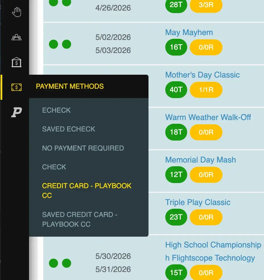Playbook365 Payment Methods screen showing options like Echeck, Credit Card, and event details.