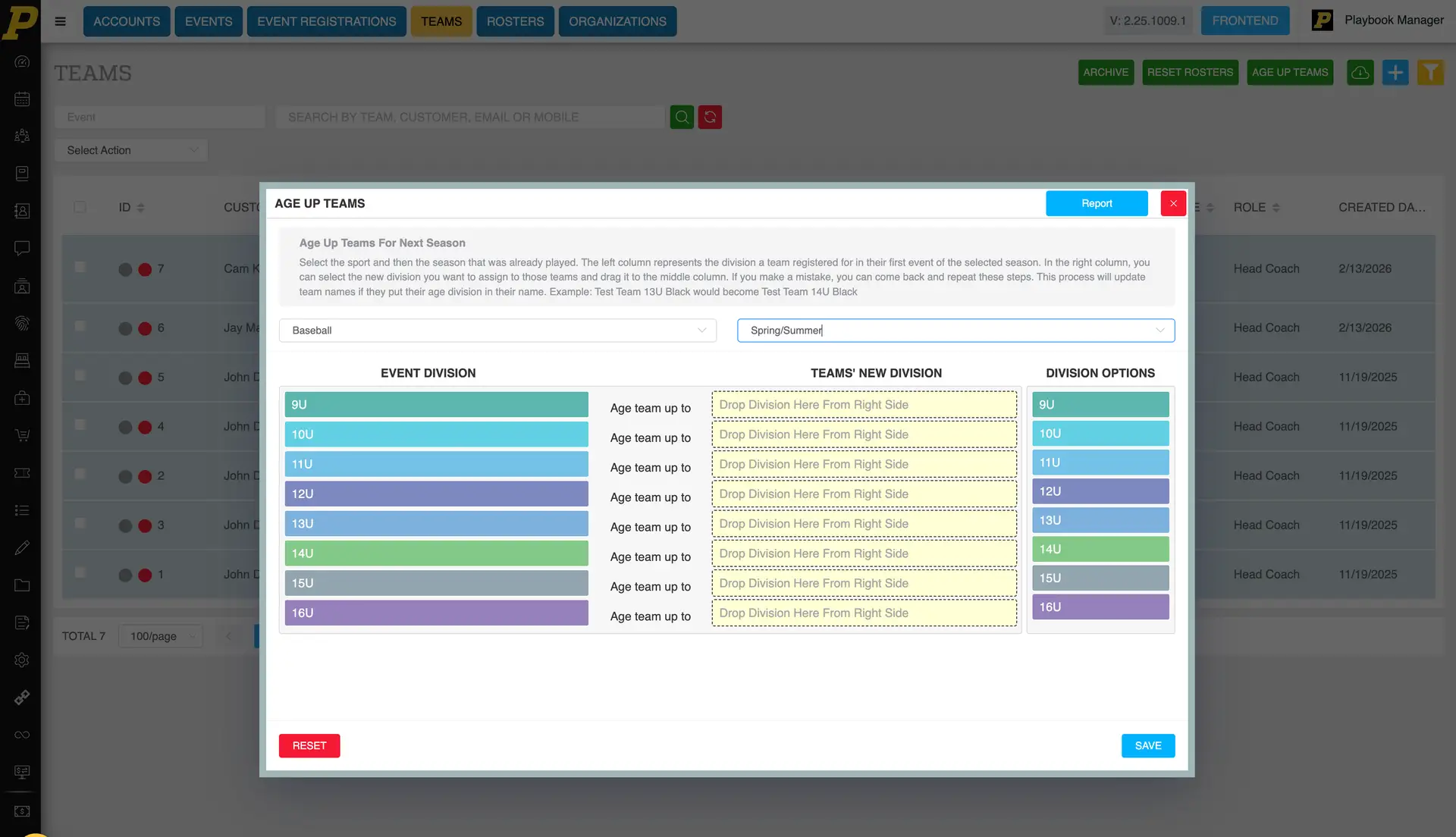 Playbook365 Age Up Teams screen for updating team divisions for next season.