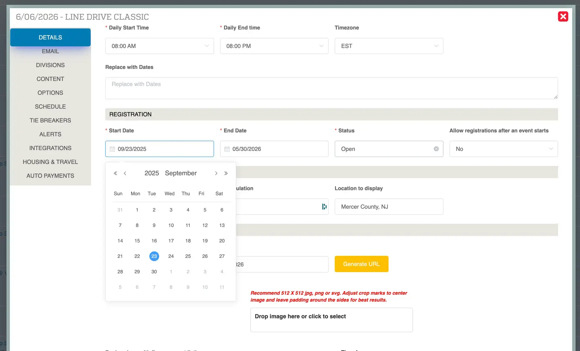 Playbook365 event management interface for Line Drive Classic on 6/06/2026, showing details and registration settings.