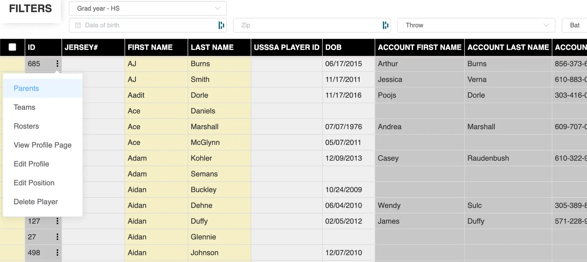 Playbook365 player profile management table with filter options and dropdown menu for editing player details.