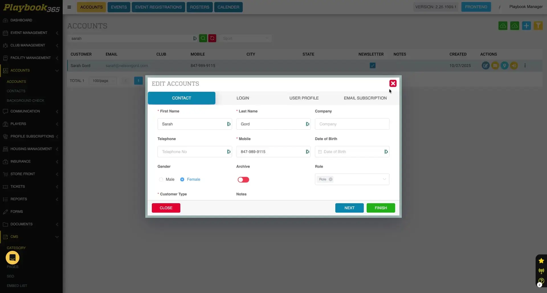 The user is editing an account within the Playbook365 platform. The 'Edit Accounts' modal is open, displaying the 'Contact' tab with fields for personal information.